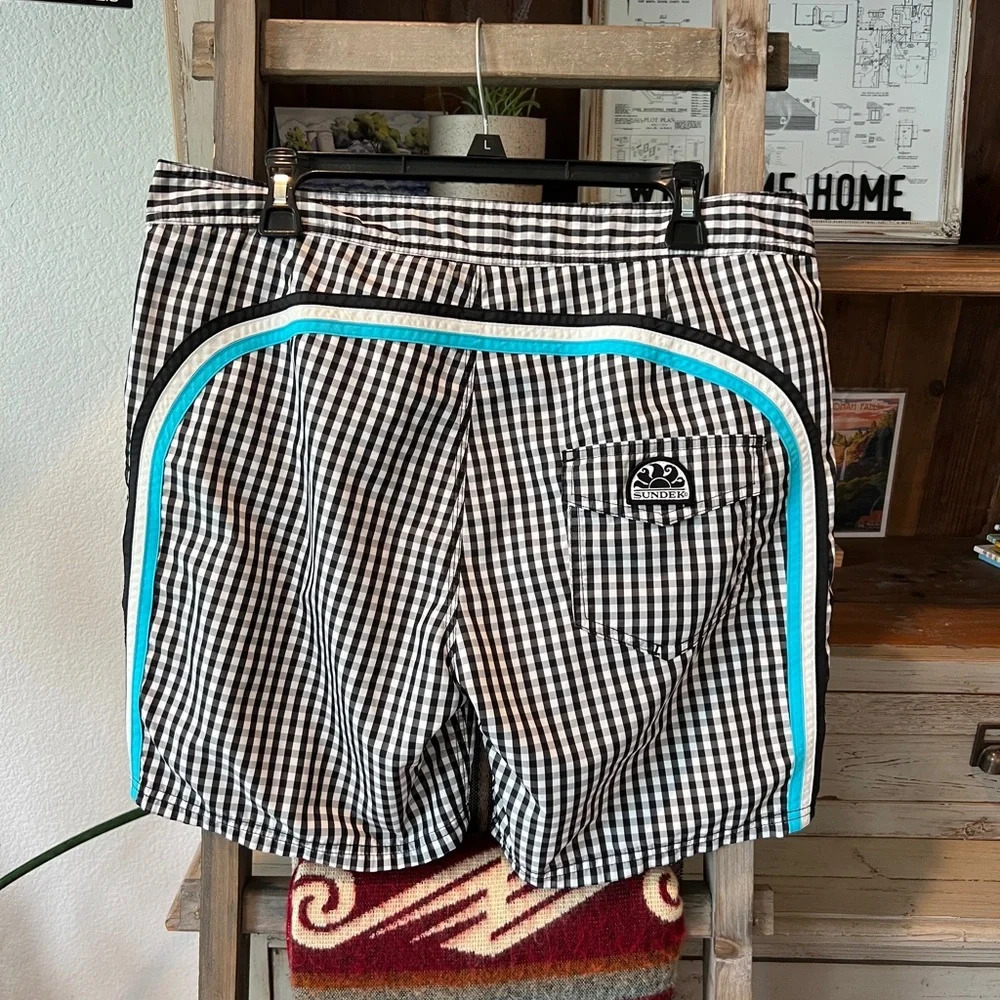 Sundek Black and White Gingham Swim Trunks with Aqua Accents